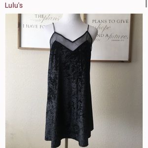 Lulu’s black velvet mini dress with mesh details